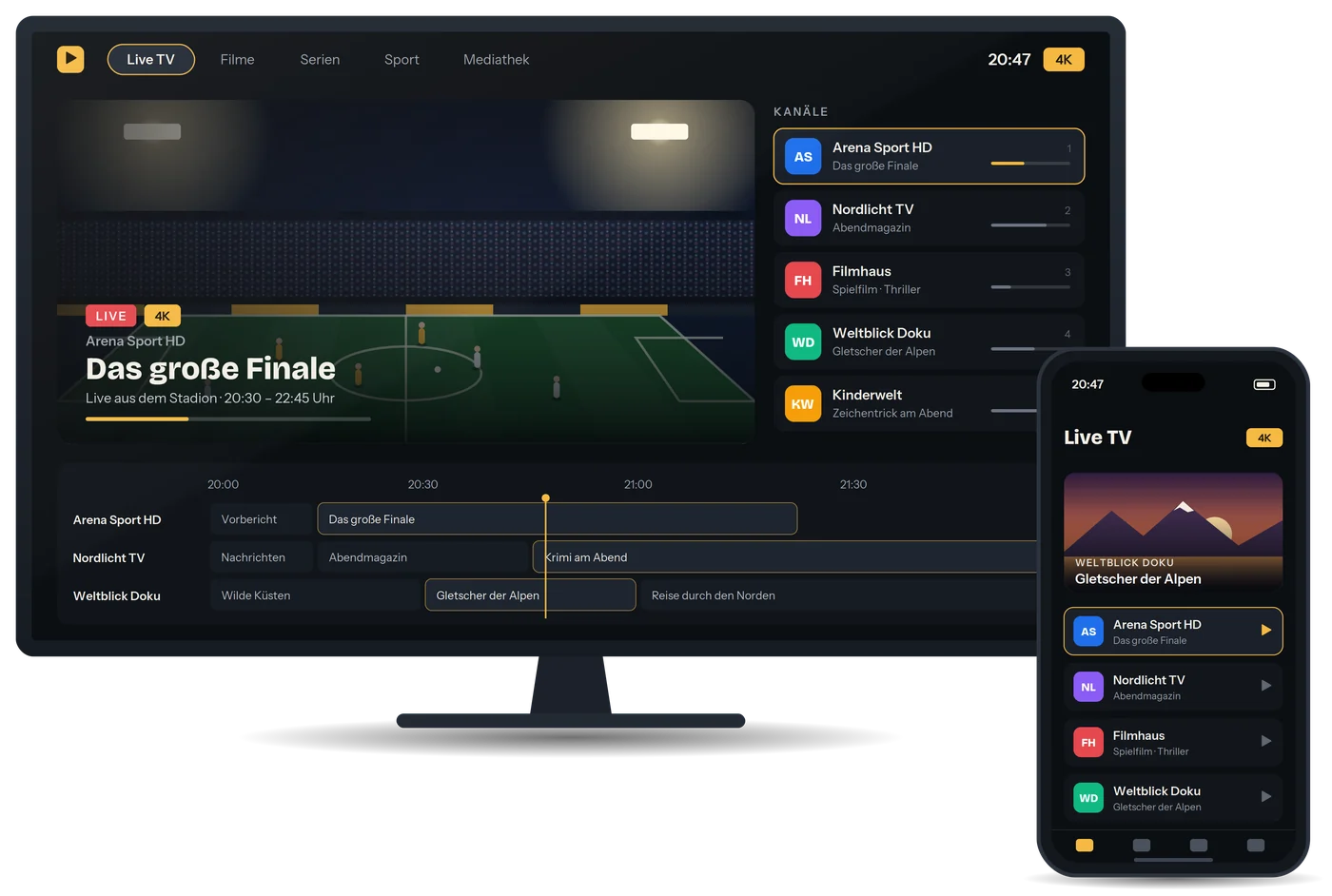 IPTV App mit Live-TV, Senderliste und Programmführer auf Smart TV und Smartphone in 4K